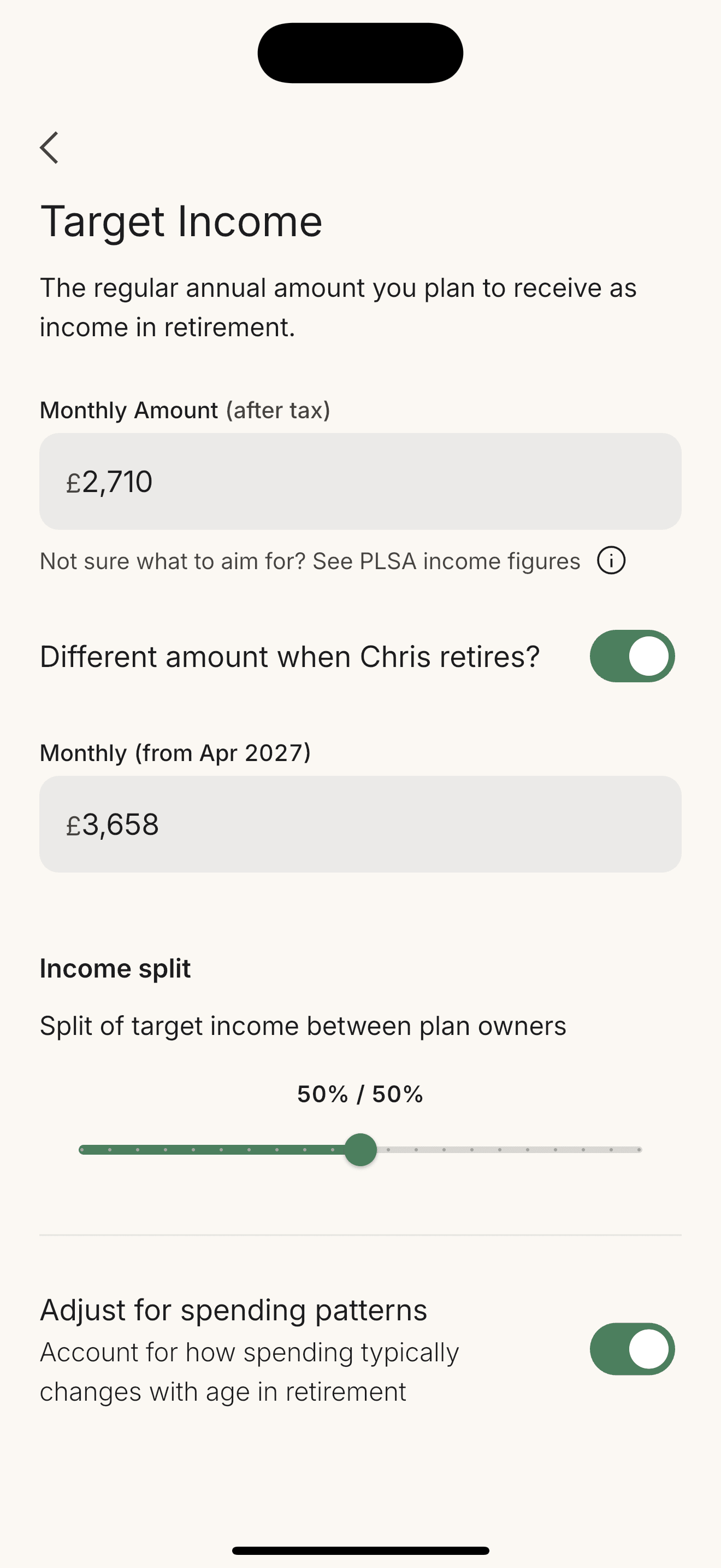 Target income setup screen in Retirement Runner